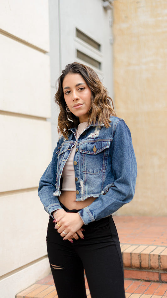 Chaqueta Torera Desflecada Azul Medio Matizada