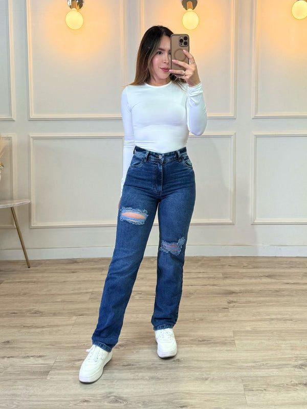 Jeans Straight Leg Azul Medio Oscuro Rotos