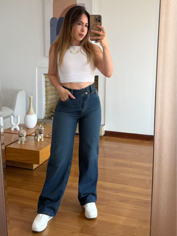 Jeans Wide Leg - Azul Matizado Pretina Cruzada
