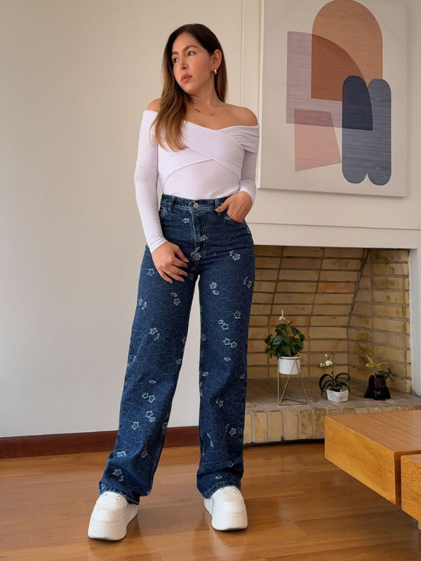 Jeans Wide Leg - Azul Medio Oscuro Tejido Flores