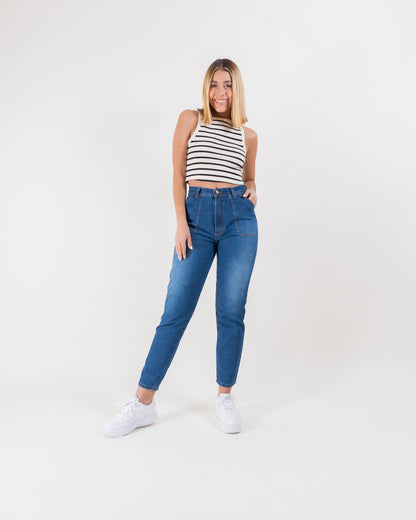 Jean Mom Fit Azul Medio Medio con Samblass