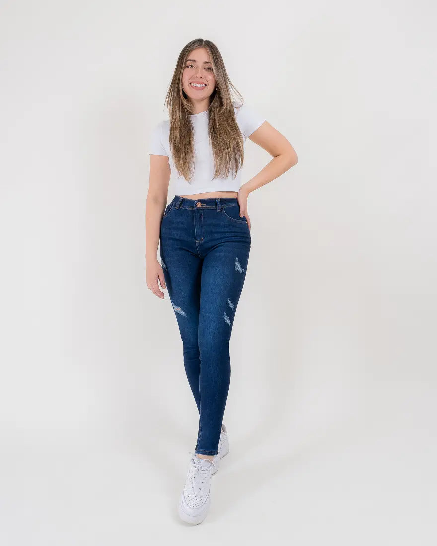 Jeans Skinny Europeo - Azul Oscuro Rotos