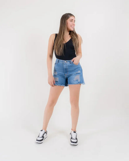 Short en Denim Desflecado Tono Azul Medio Claro en jean