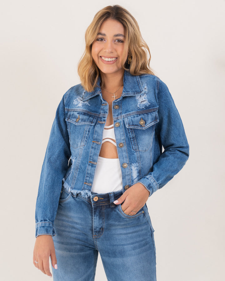 Chaqueta Torera Azul Medio Frost Desflecada ⎯ Estilo único y elegante.