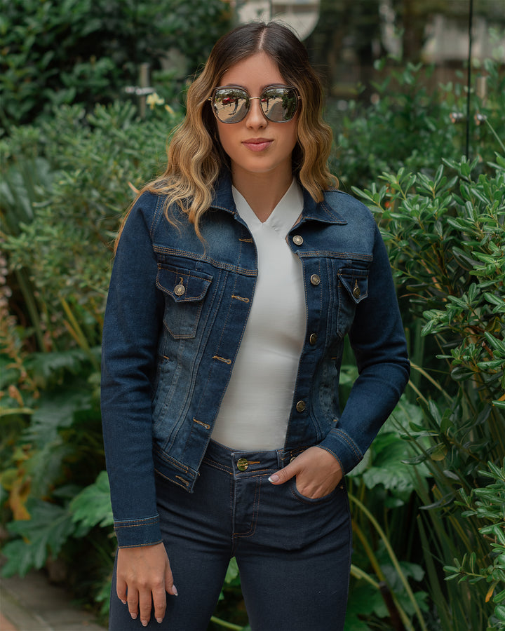 Chaqueta licrada azul medio oscuro Samblas | Elegancia y exclusividad en cada detalle 