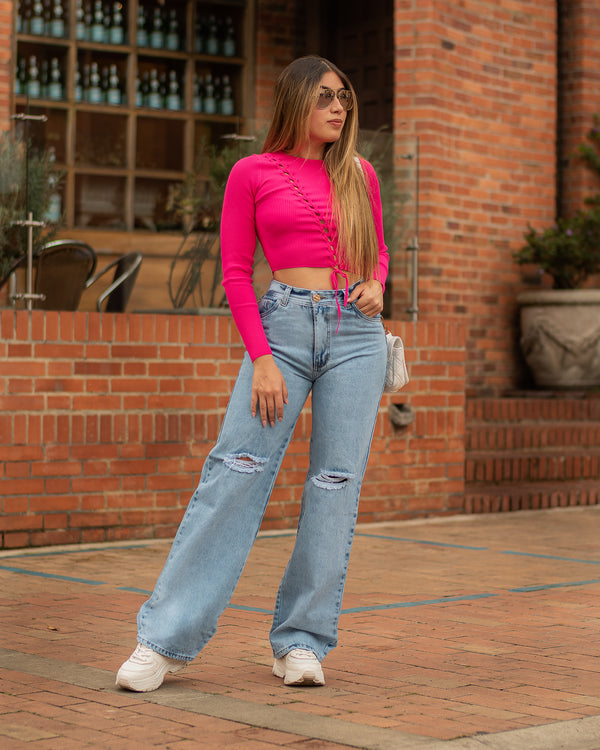 Jeans Wide Leg - Azul Hielo Frost Roto