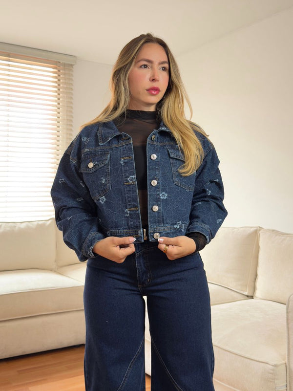 Chaqueta Oversize Azul Medio Oscuro Tejido Flores