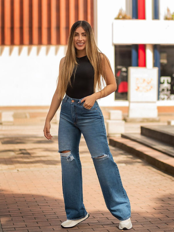 Jeans Wide Leg - Azul Medio Roto