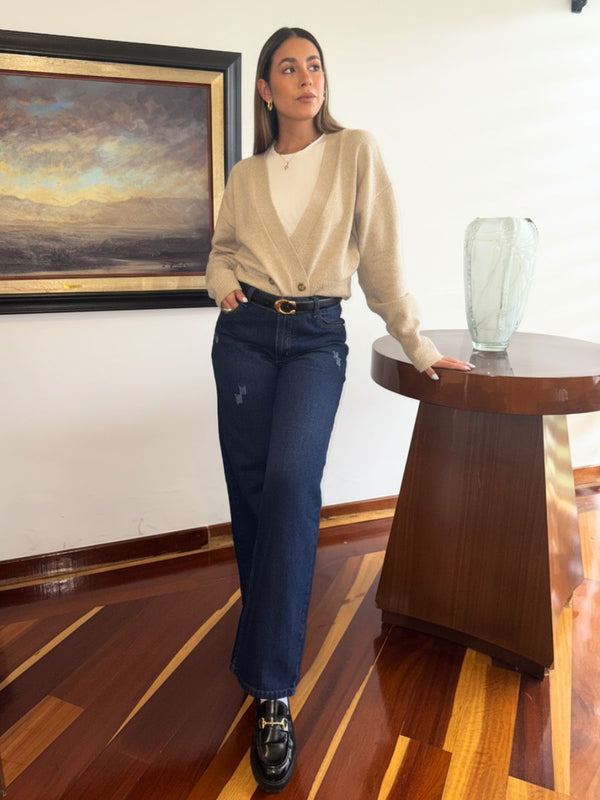 Jeans Wide Leg Azul Oscuro Desgaste