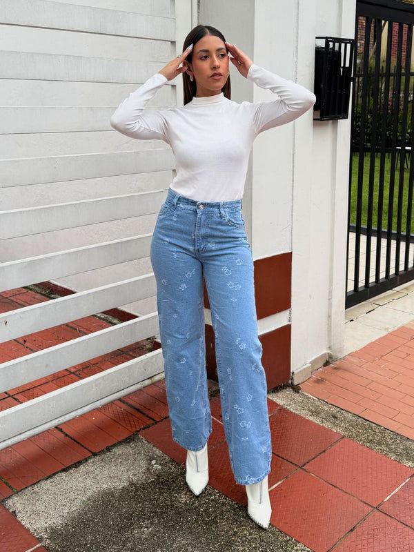 Jeans Wide Leg - Azul Claro Tejido Flores