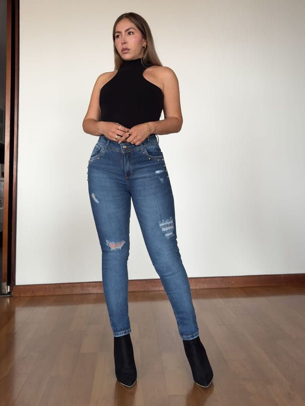 Jeans Skinny Americano Azul Medio Rotos con Perlas