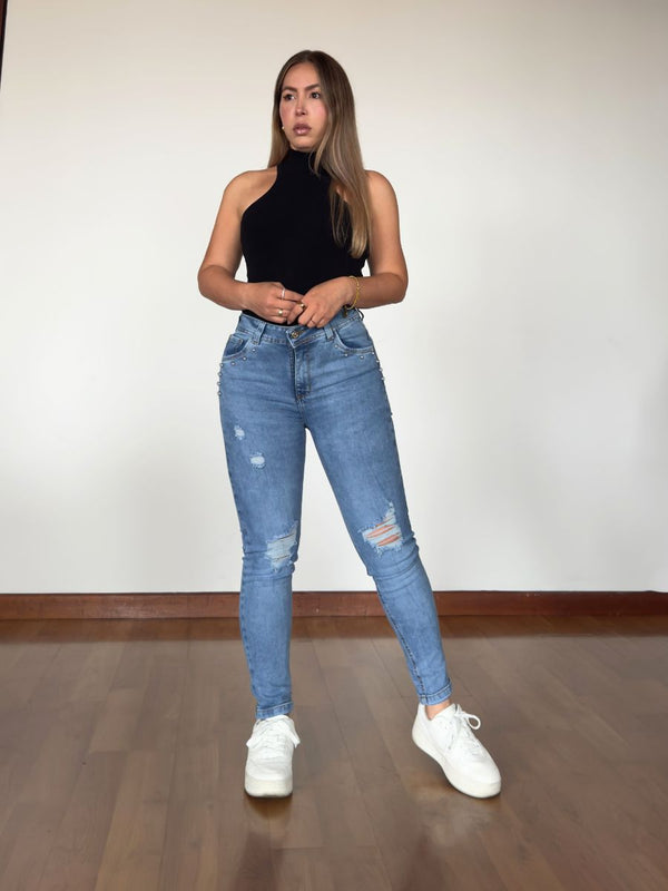Jeans Skinny Americano Azul Medio Frost Rotos con Perlas