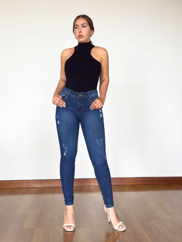 Jeans Skinny Americano Azul Medio Oscuro Rotos