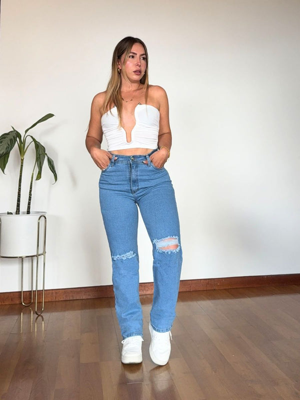 Jeans Straight Leg Azul Claro Roto