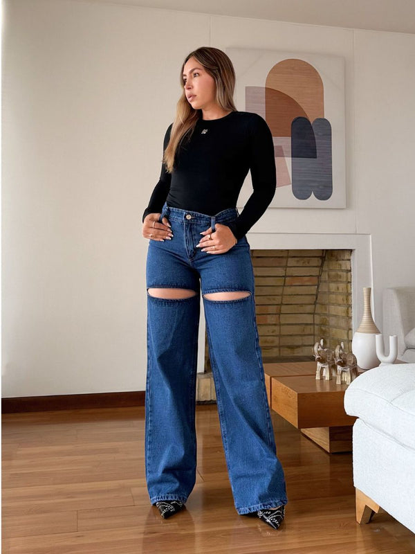 Jeans Wide Leg Azul Claro con Abertura