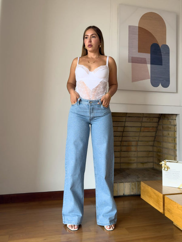 Jeans Wide Leg Azul Claro con Pedrería Brillante