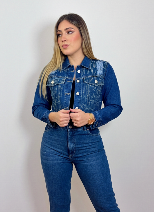 Chaqueta Torera en Jeans Azul Medio con Pedrería