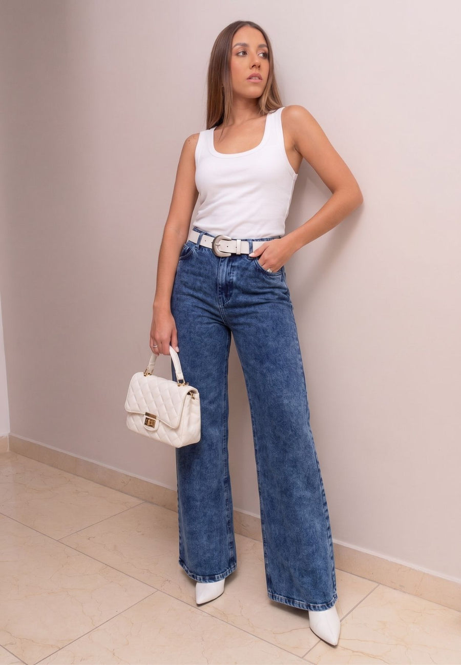 Jeans Palazzo Clásico, Semi Stretch, Tiro Alto, Tono Azul Medio Frost