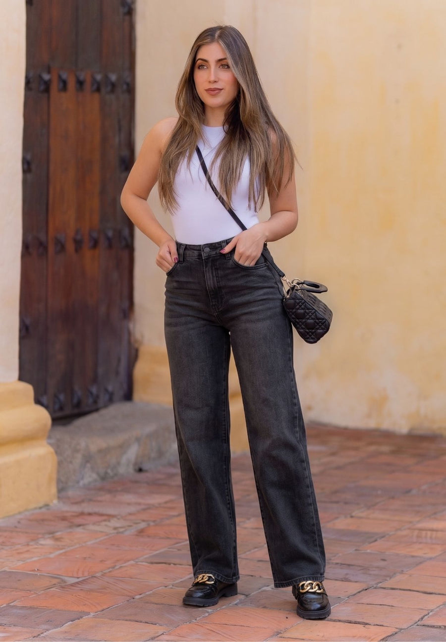 Jeans Straight Leg Premium, Semi Stretch, Tiro Alto, Tono Gris