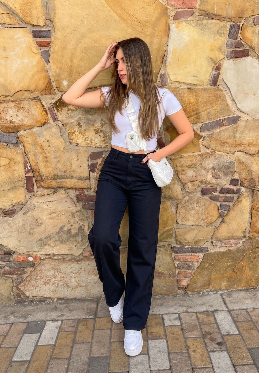 Jeans Straight Leg Premium, Semi Stretch, Tiro Alto, Tono Negro