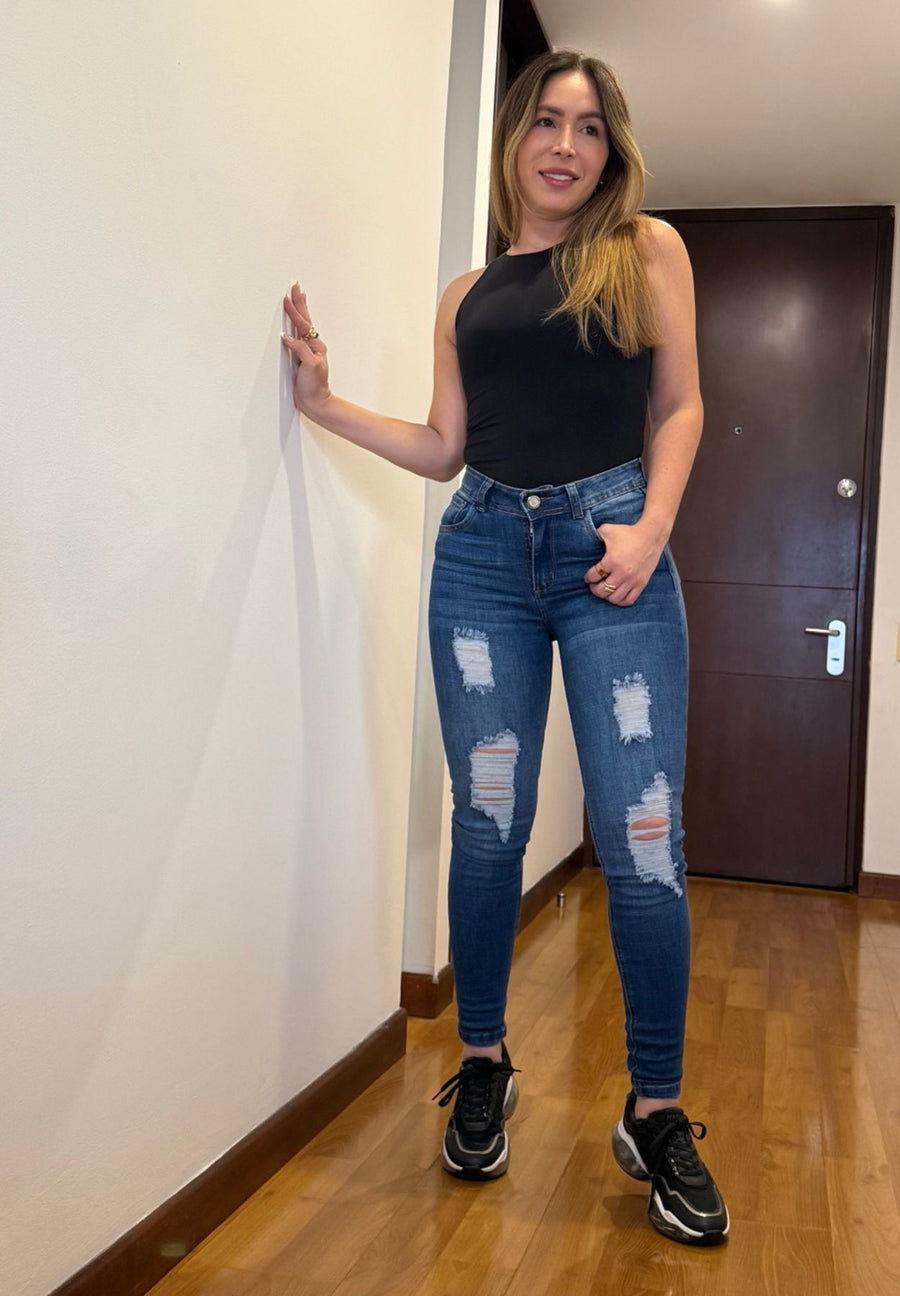 Jeans Skinny Americano, Stretch, Tiro Medio, Tono Azul Medio con Samblas y Rotos