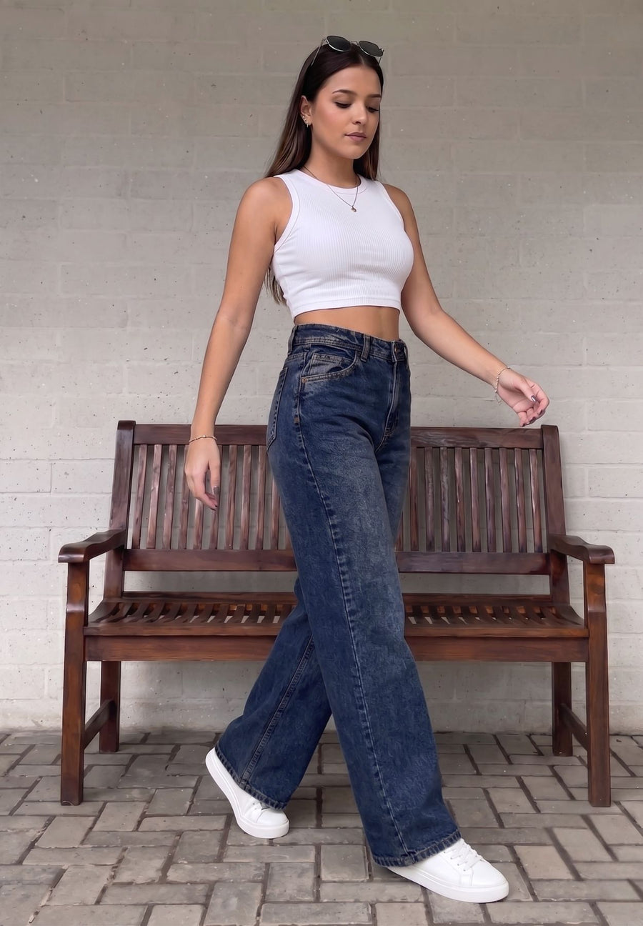 Jeans Wide Leg, Rígido, Tiro Alto, Tono Azul Oscuro Matizado
