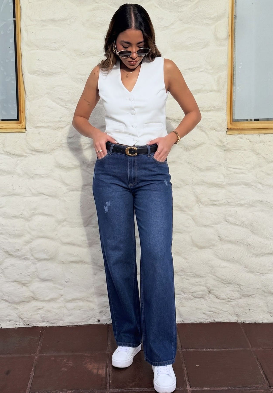 Jeans Wide Leg, Rígido, Tiro Alto, Tono Azul Medio Oscuro con Desgastes