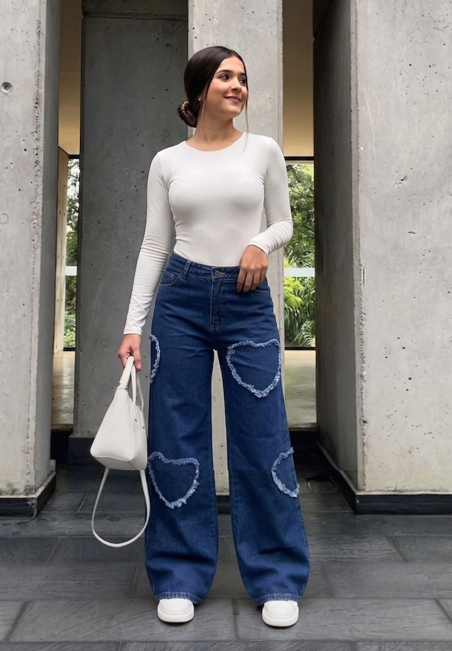 Jeans Palazzo de Corazón, Rígido, Tiro Alto, Tono Azul Medio Oscuro