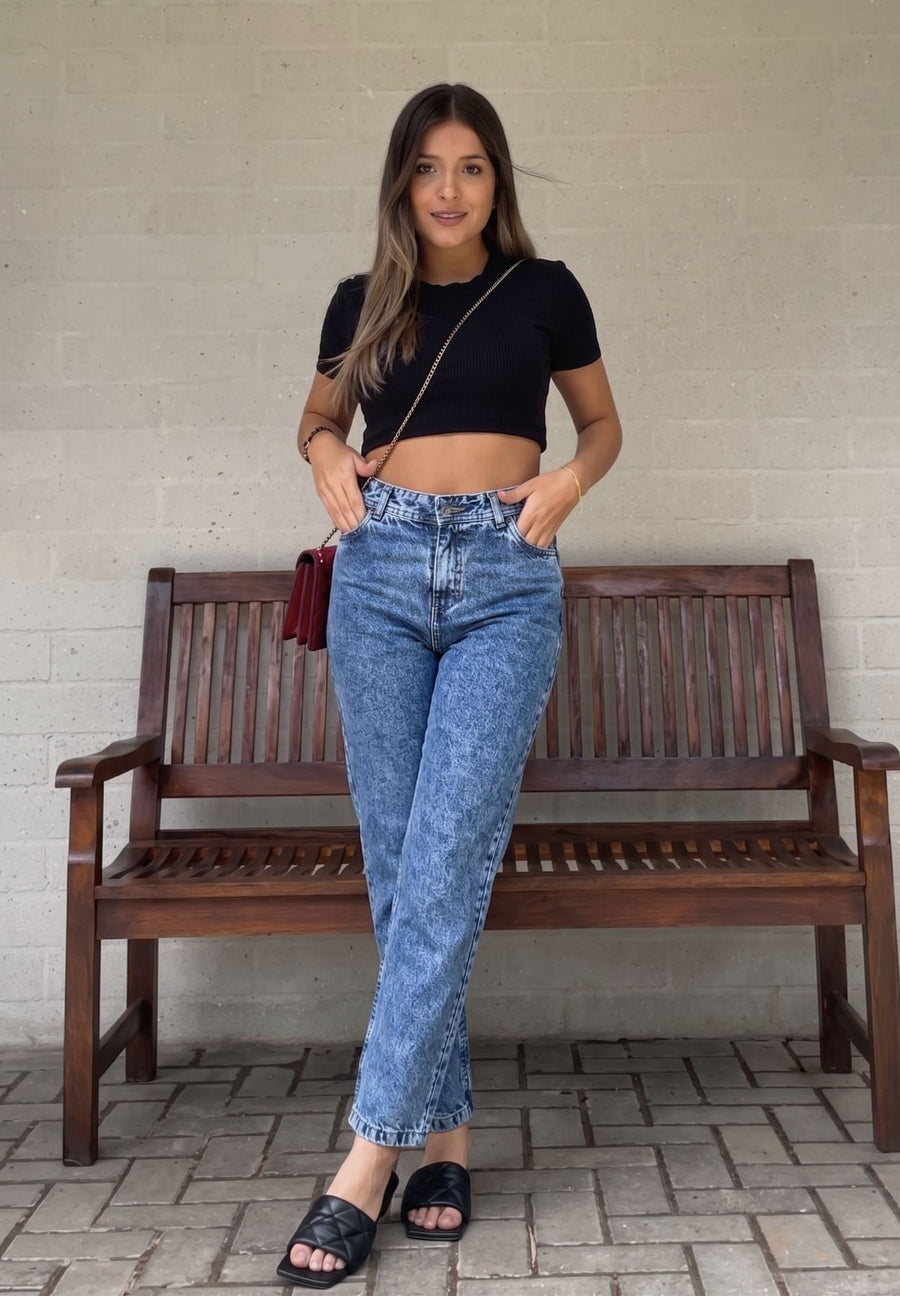Jeans Mom Fit, Rígido, Tiro Alto, Tono Azul Claro Frost