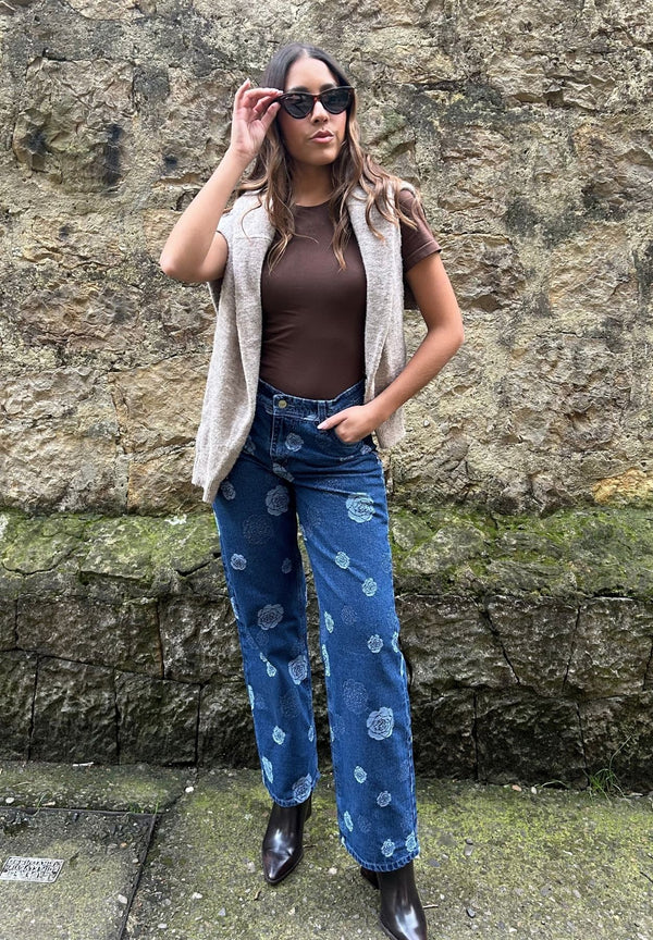 Jeans Wide Leg - Azul Medio Oscuro Tejido Rosas