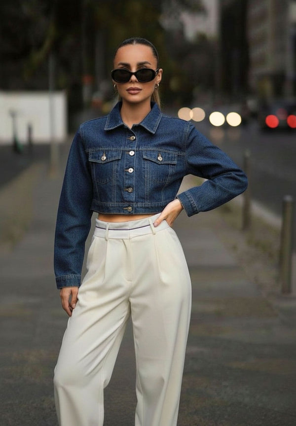 Chaqueta Torera en Jeans Azul Medio Oscuro