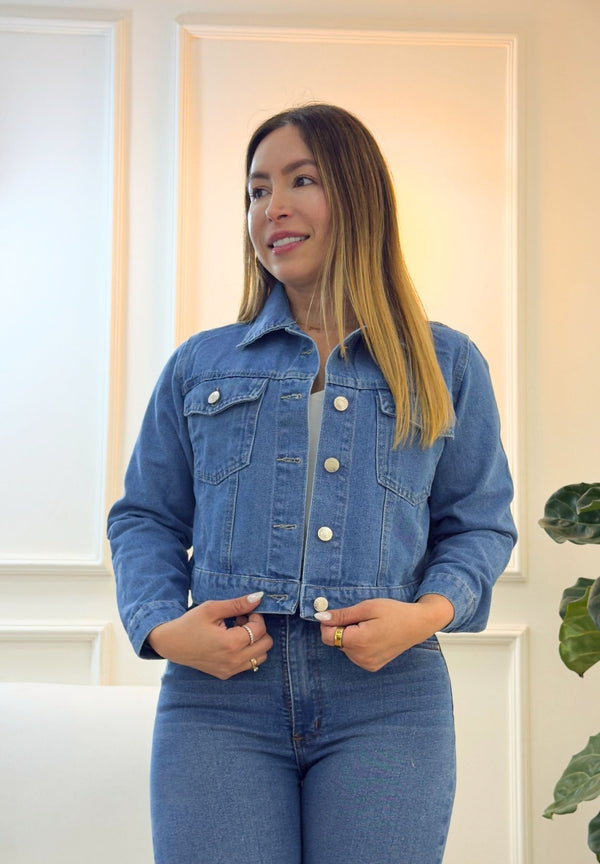 Chaqueta en Jeans Clásica Azul Medio Claro Rígida