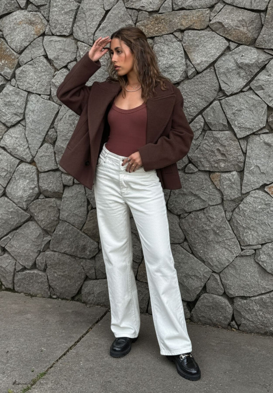 Jeans Wide Leg, Rígido, Tiro Medio, Tono Blanco Hueso