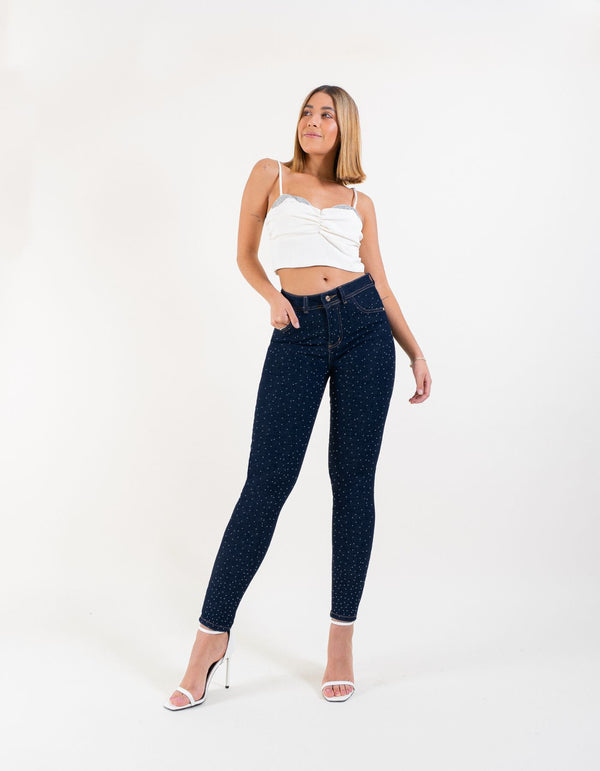 Jeans Skinny Americano Azul Denim Con Pedrería