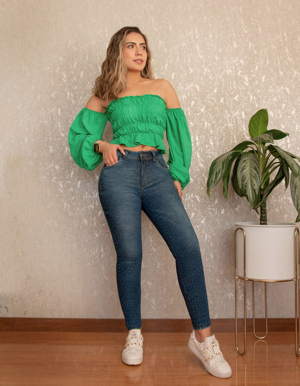 Jeans Skinny Americano Azul Matizado Con Pedrería