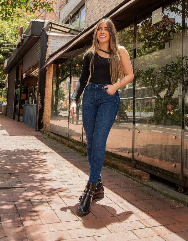 Jeans Skinny Americano Azul Medio Oscuro Con Pedrería