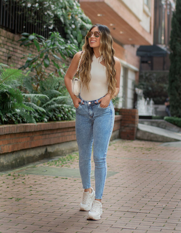 Jeans Skinny Americano Azul Hielo Frost Con Pedrería
