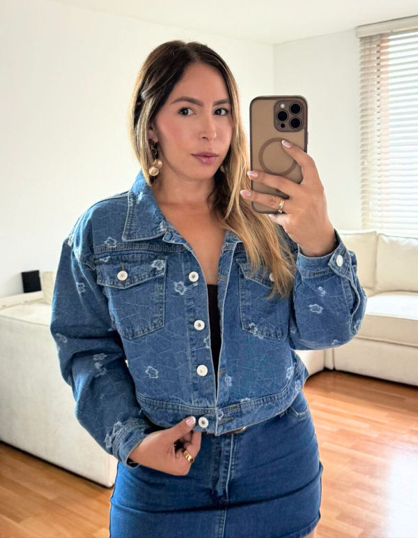 Chaqueta Oversize Azul Medio Claro Tejido Flores