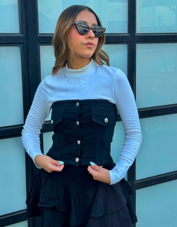 Corset Denim con Tapas Color Negro