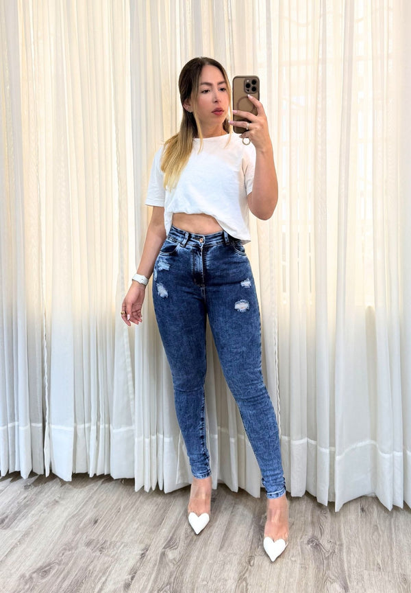 Jeans Skinny Europeo - Azul Medio Frost Roto
