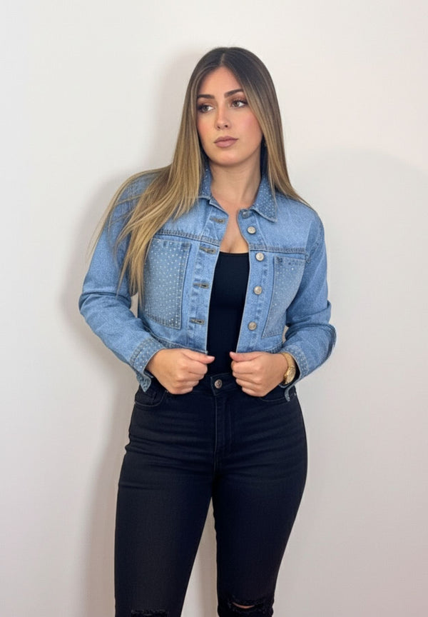 Chaqueta Oversize  Bolsillo Cuadrado Azul Claro con Pedrería