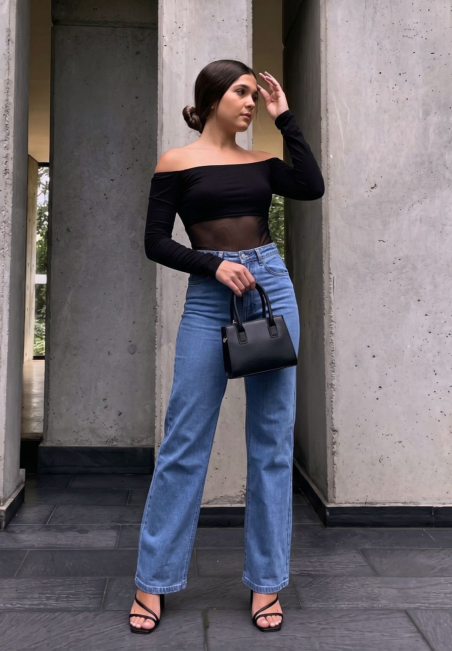Jeans Straight Leg Premium Tiro Alto Semi-licrado Ref: 6-050