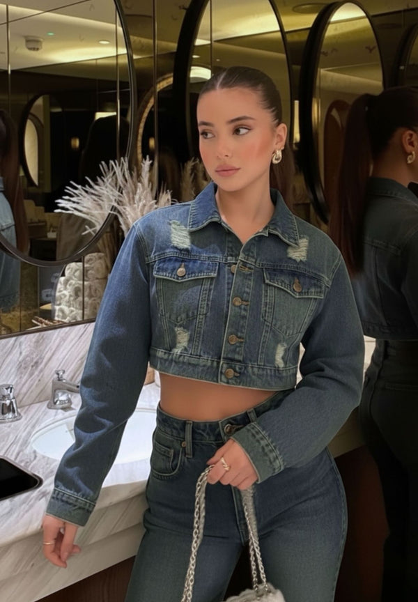 Chaqueta Torera en Jeans Azul Medio Matizado