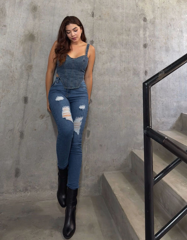 Jeans Skinny Americano Azul Medio Roto