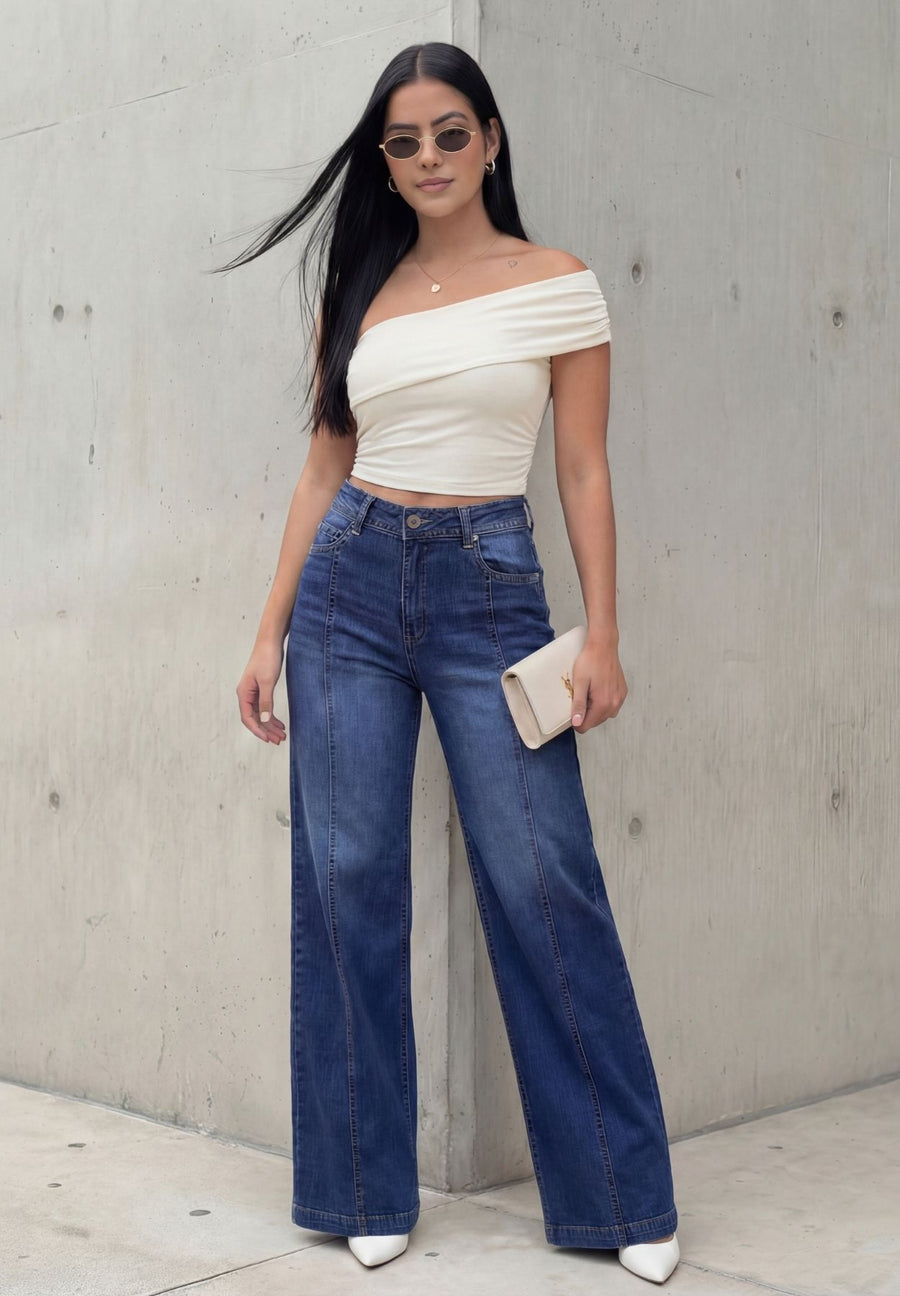Jean Palazzo Azul Medio con Samblas vista frontal con bota amplia y samblas — evano Denim Studio
