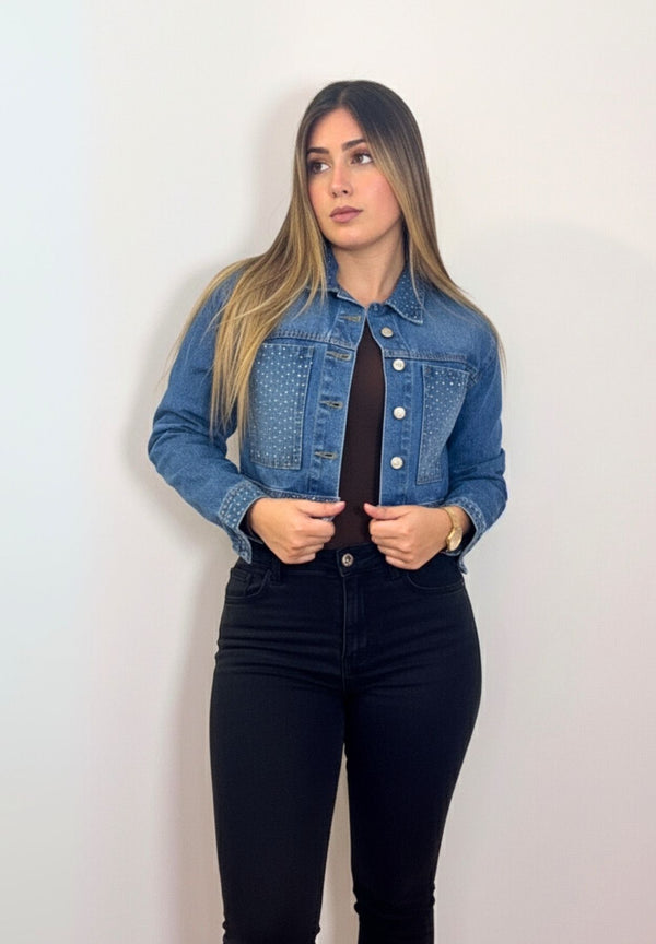 Chaqueta Oversize  Bolsillo Cuadrado Azul Medio con Pedrería