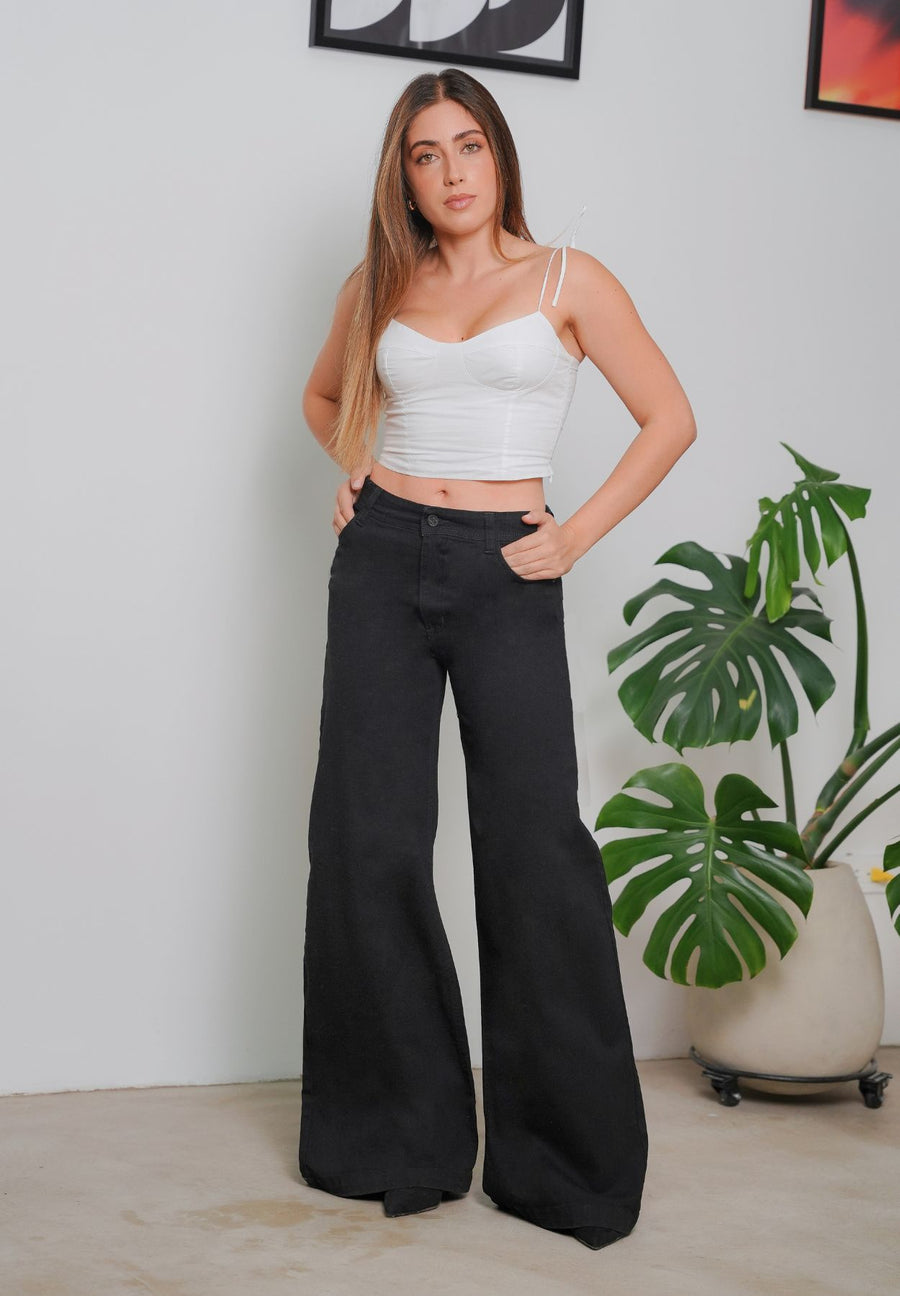 Jeans Palazzo Clásico, Semi Stretch, Tiro Alto, Tono Negro