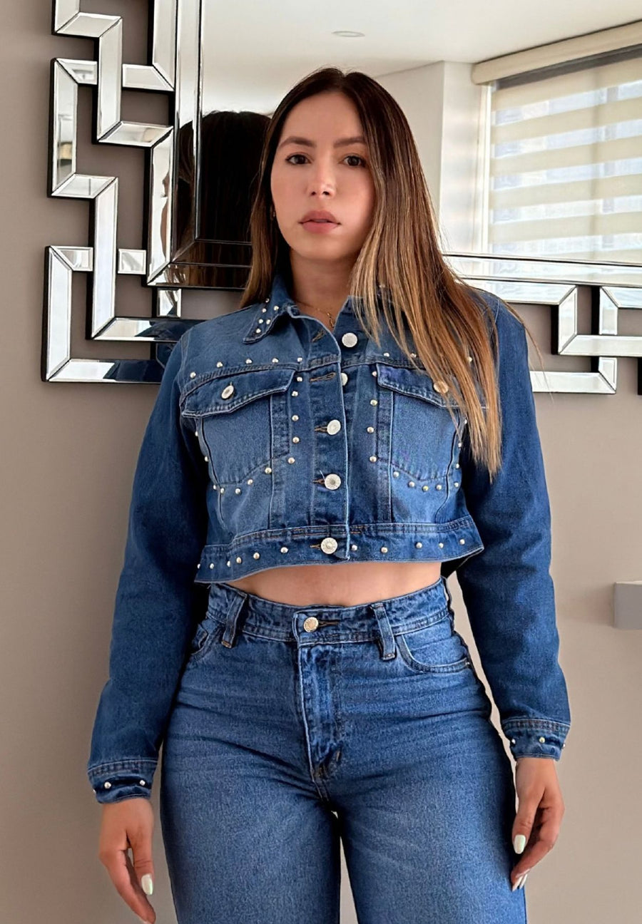 Chaqueta Torera con Pretina en Denim Azul Medio con Efecto Samblas con Taches